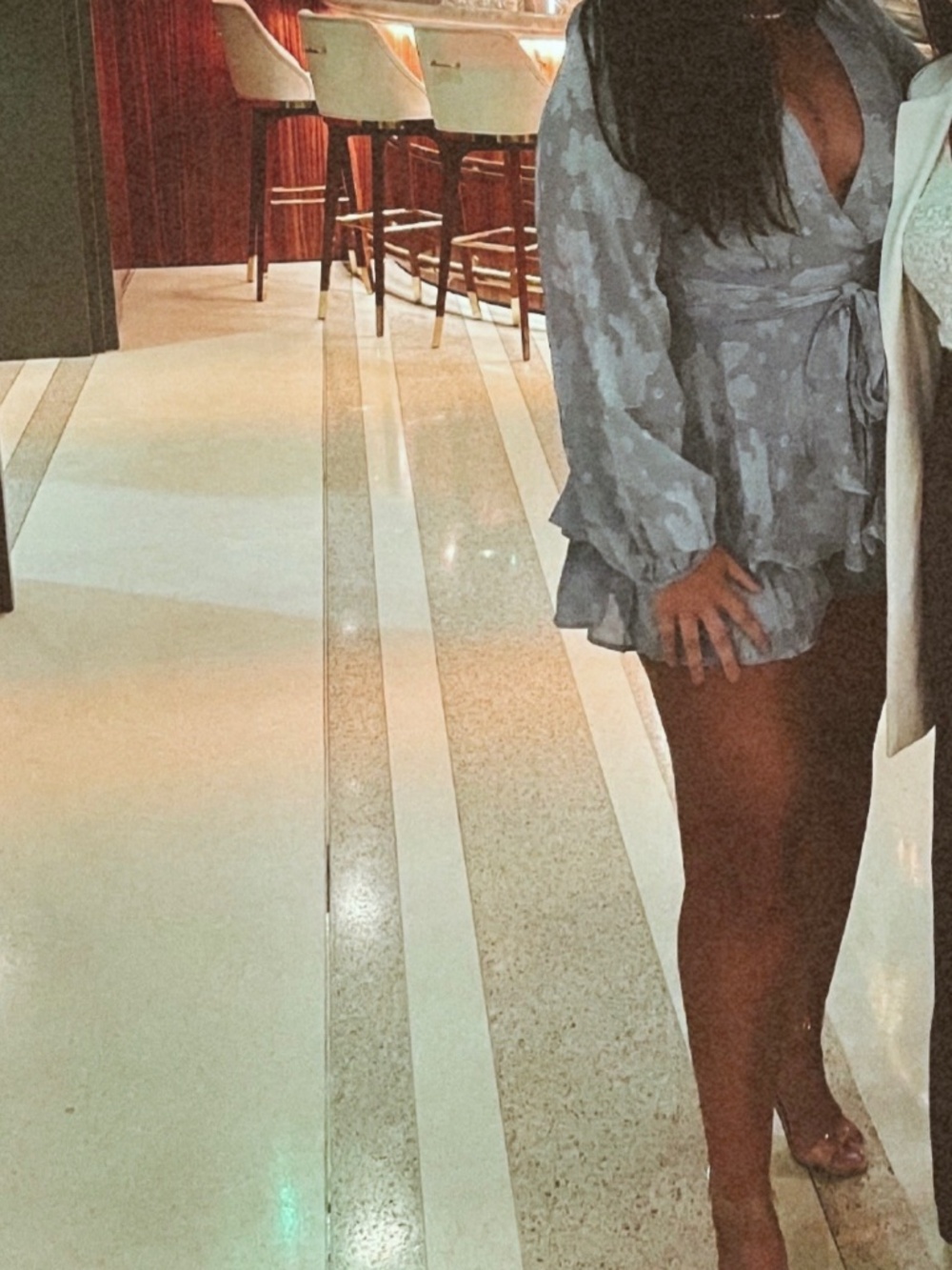 Francesca’s Dusty Blue Floral Wrap Romper Long Sleeve Ruffle Hem